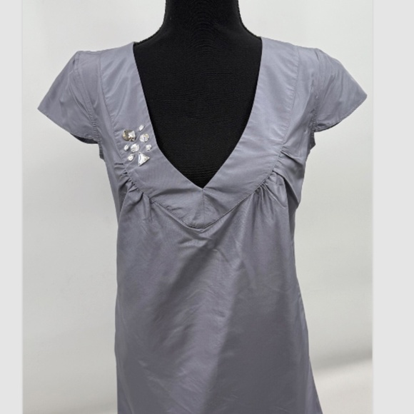 Rory Beca Dress Women XS NEW Gray Silk V Neck Short Cap Sleeves Mini Vintage - Picture 2 of 10